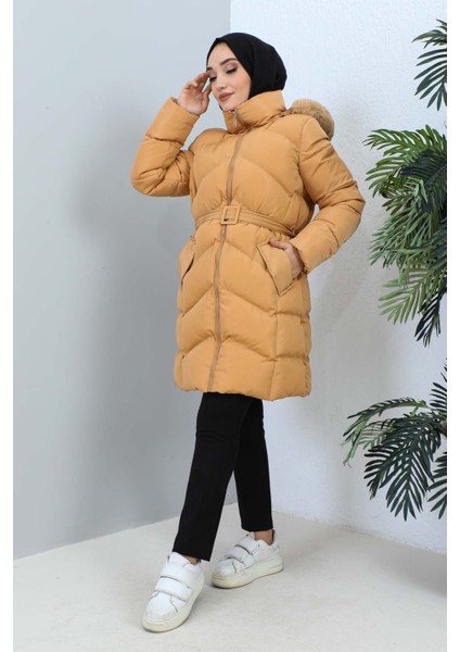 Camel Kapüşonlu Şişme Mont