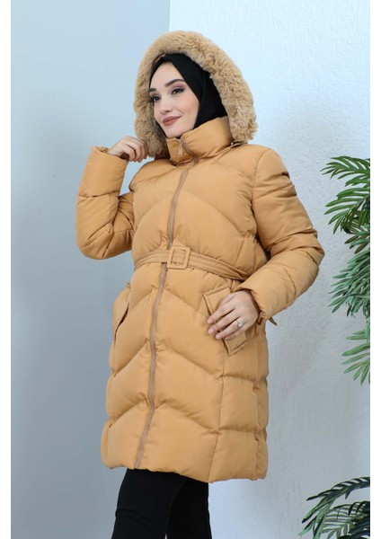 Camel Kapüşonlu Şişme Mont