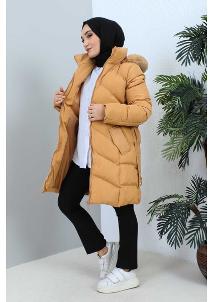 Camel Kapüşonlu Şişme Mont