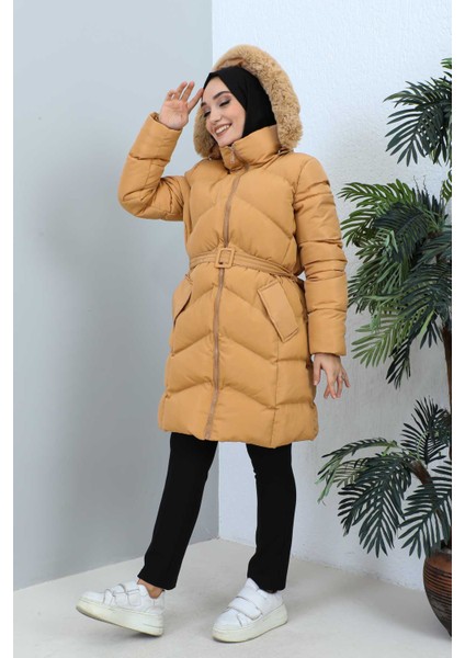 Camel Kapüşonlu Şişme Mont