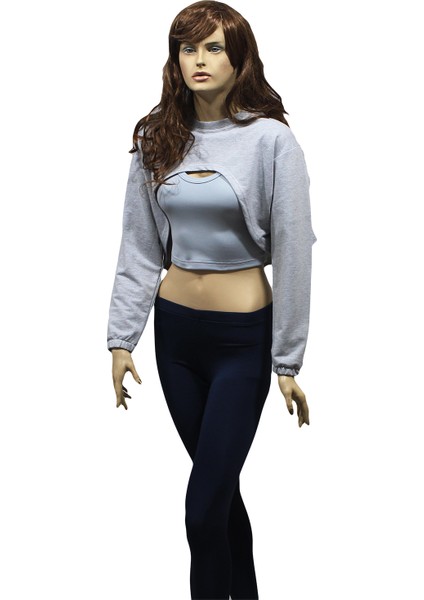 Kadın Spor Sweatshirt Askılı Atlet Büstiyer , Uzun Kollu Crop Set, Gri fiyatları