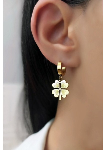 Minimal Gold Yonca Çelik Küpe
