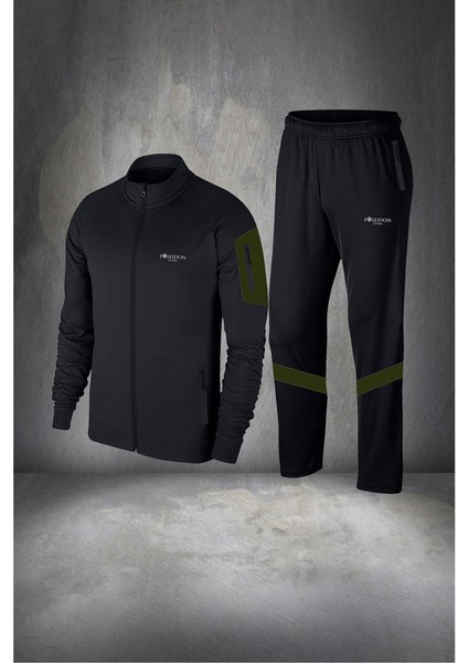 Büyük Beden Erkek Siyah Supra Penye Kumaş Cepli Fermuarlı Spor Eşofman Takımı (4XL- 10XL)