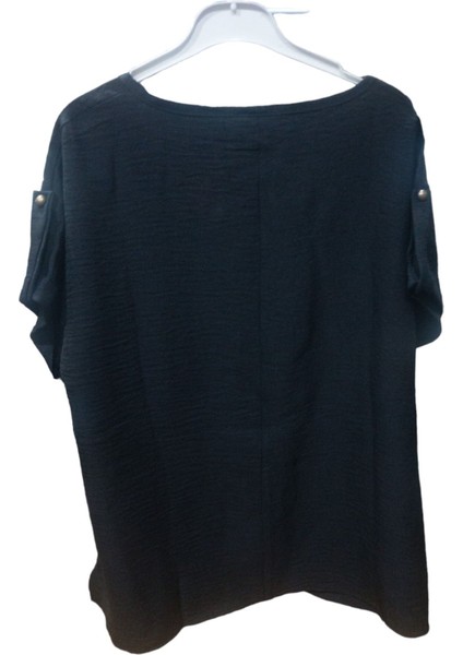 Büyük Beden Kısa Kol V Yaka Kadın T-Shirt Siyah - 46