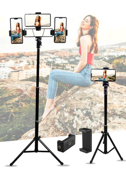 Multi Pozisyonerli, 2 Metre Teleskopik Tripod, Selfie, Tiktok, Youtube, ve Fotoğraf Için Ideal, 3 Adet Telefon Tutuculu (Ios ve Android) Tüm Telefonlara Uyumlu