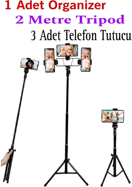 Multi Pozisyonerli, 2 Metre Teleskopik Tripod, Selfie, Tiktok, Youtube, ve Fotoğraf Için Ideal, 3 Adet Telefon Tutuculu (Ios ve Android) Tüm Telefonlara Uyumlu