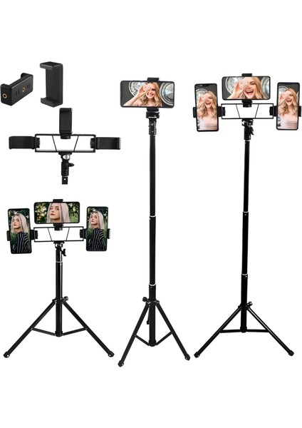 Multi Pozisyonerli, 2 Metre Teleskopik Tripod, Selfie, Tiktok, Youtube, ve Fotoğraf Için Ideal, 3 Adet Telefon Tutuculu (Ios ve Android) Tüm Telefonlara Uyumlu