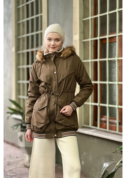 Etek Kol Ucu Şeritli Torba Cepli Kaban