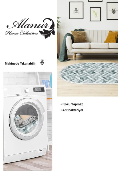 Dijital Salon Halısı Yıldız Deri Kaymaz Taban Saçaklı Oval Iskandinav Renata Yeşil modelleri