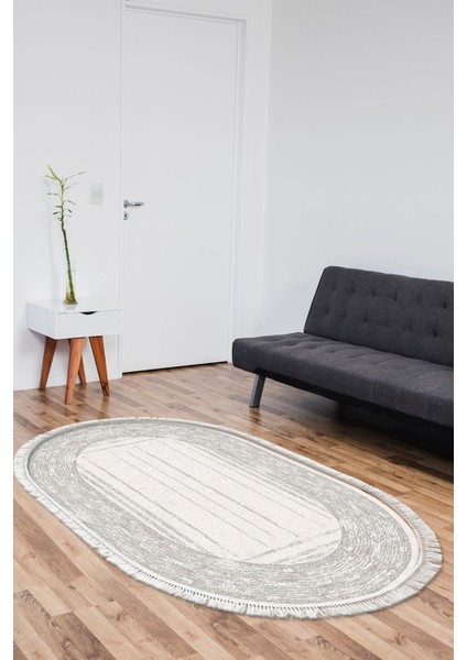 Dijital Salon Halısı Trend Keçe Kaymaz Taban Saçaklı Oval Modern Rana Yeşil