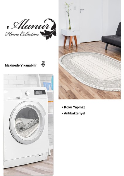 Dijital Salon Halısı Trend Keçe Kaymaz Taban Saçaklı Oval Modern Rana Yeşil