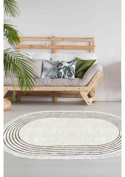 Dijital Salon Halısı Trend Keçe Kaymaz Taban Saçaklı Oval Modern Shelbi Bej
