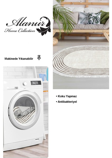 Dijital Salon Halısı Trend Keçe Kaymaz Taban Saçaklı Oval Modern Shelbi Bej modelleri