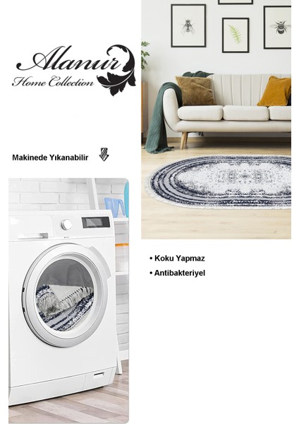 Dijital Salon Halısı Trend Keçe Kaymaz Taban Saçaklı Oval Modern Mollie Lacivert