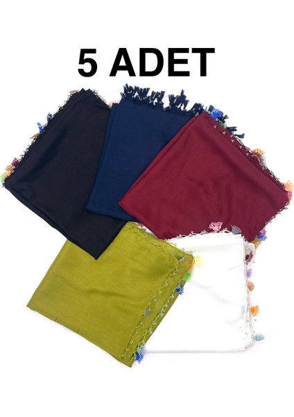 Pamuklu 5'li Set Kelebek - Kurdele Oyalı Boncuklu Eşarp Hediyelik Yazma 100X100cm Kelebek