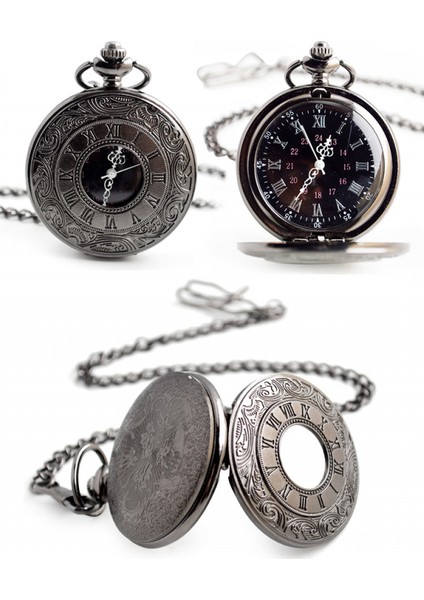 Vintage Romen Rakamları Ölçekli Kuvars Cep Saati, Zincirli, Tam Siyah (Yurt Dışından) fiyatları