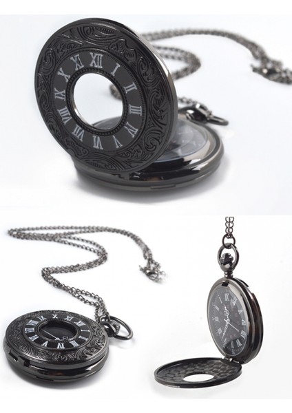 Vintage Romen Rakamları Ölçekli Kuvars Cep Saati, Zincirli, Tam Siyah (Yurt Dışından) fırsatları
