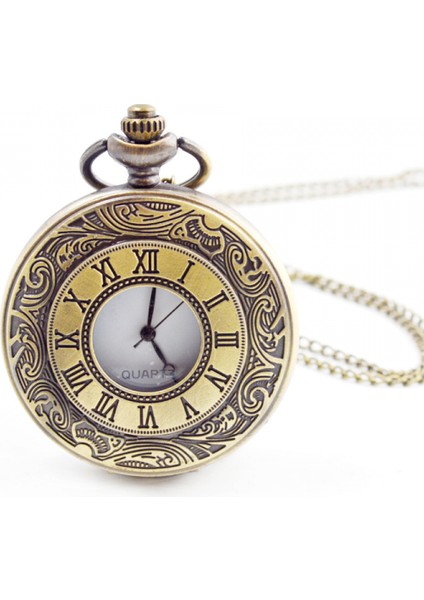 Vintage Romen Rakamları Ölçekli Kuvars Cep Saati, Zincirli, Bronz (Yurt Dışından)