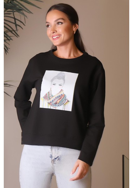 KIZ BASKILI SIFIR YAKA SİYAH KADIN SWEATSHİRT 28176-2K4 fiyatları