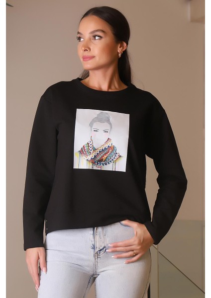 KIZ BASKILI SIFIR YAKA SİYAH KADIN SWEATSHİRT 28176-2K4 modelleri