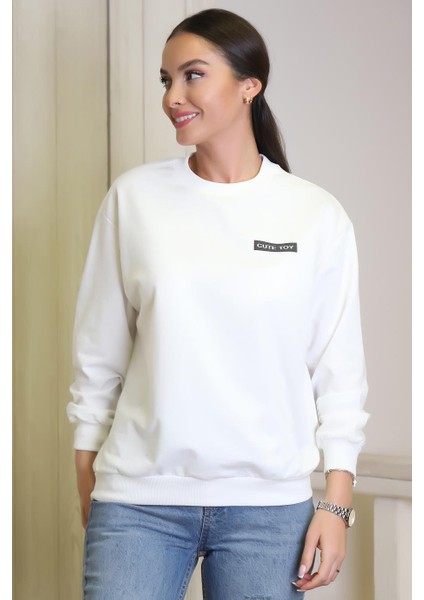 Uzun Kollu Ayıcık Baskılı Ekru Kadın Sweatshirt 1234-2K4 fırsatları