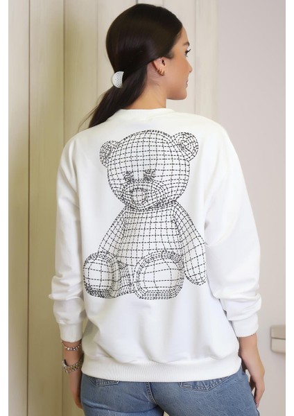 Uzun Kollu Ayıcık Baskılı Ekru Kadın Sweatshirt 1234-2K4 indirimleri