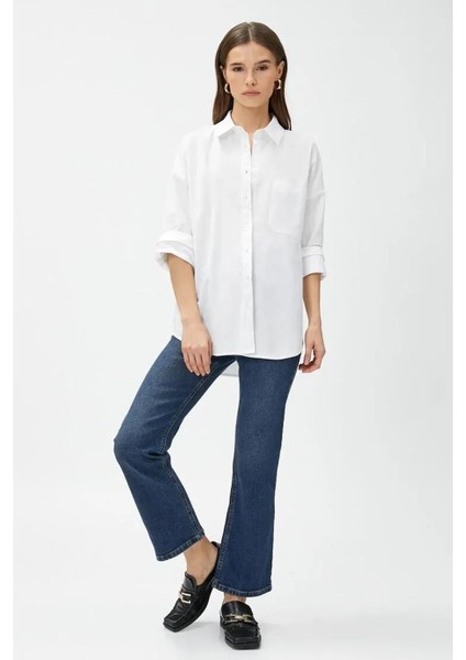 Oversize Cepli Pamuklu Beyaz Kadın Gömlek 3SAK60220PW