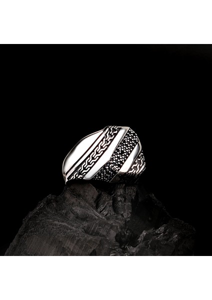 925 Ayar Gümüş Mikro Taşlı Örgü Desen Erkek Yüzük