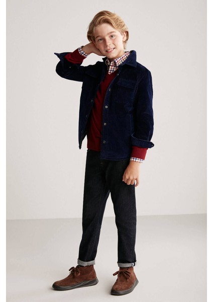 Metal Düğmeli Lacivert Kadife Çocuk Gömlek modelleri