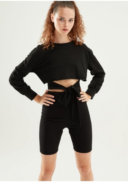 Kadın Siyah Renk Önden Bağlama Detaylı Sweatshirt