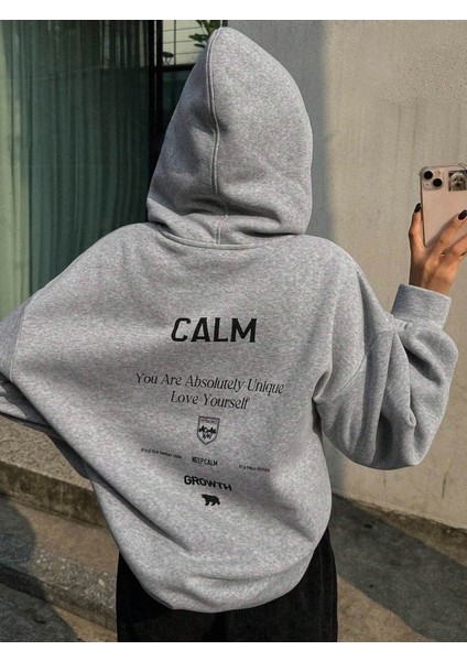 Kadın Gri Calm Growth Baskılı Oversize Kapüşonlu Sweatshirt