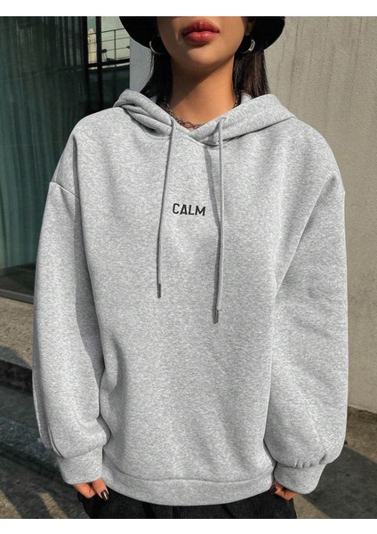 Kadın Gri Calm Growth Baskılı Oversize Kapüşonlu Sweatshirt