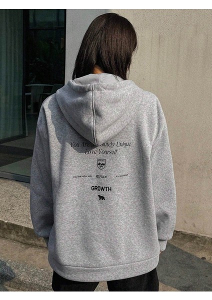 Kadın Gri Calm Growth Baskılı Oversize Kapüşonlu Sweatshirt