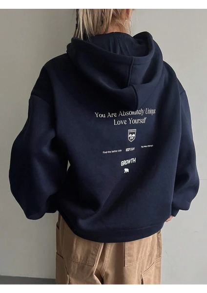 Kadın Lacivert Calm Growth Baskılı Oversize Kapüşonlu Sweatshirt