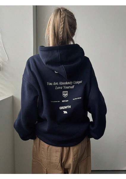 Kadın Lacivert Calm Growth Baskılı Oversize Kapüşonlu Sweatshirt