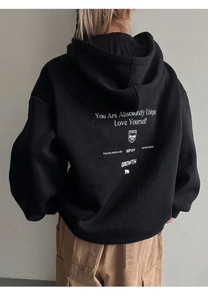 Kadın Siyah Calm Growth Baskılı Oversize Kapüşonlu Sweatshirt