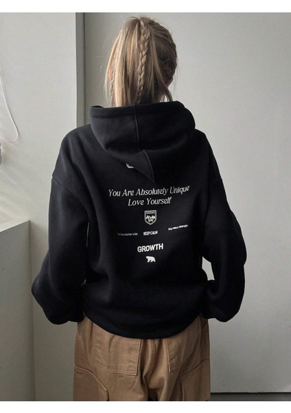 Kadın Siyah Calm Growth Baskılı Oversize Kapüşonlu Sweatshirt