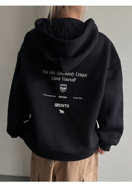 Kadın Siyah Calm Growth Baskılı Oversize Kapüşonlu Sweatshirt