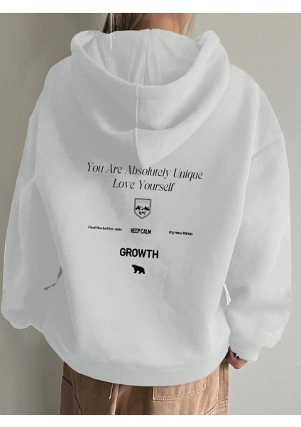 Kadın Beyaz Calm Growth Baskılı Oversize Kapüşonlu Sweatshirt