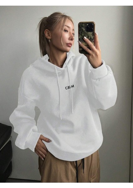 Kadın Beyaz Calm Growth Baskılı Oversize Kapüşonlu Sweatshirt