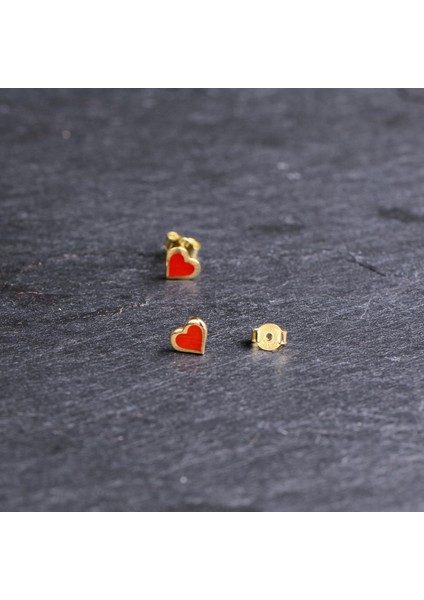 14 Ayar Kırmızı Mineli Kalp Altın Küpe