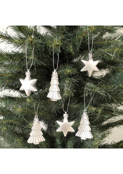 Yıldız ve Ağaç Yılbaşı Süsü 7 cm Gümüş (12 Adet)