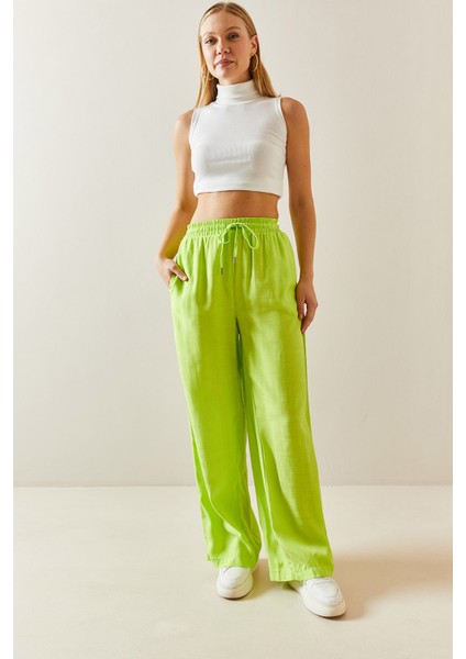Neon Yeşili Bol Paça Keten Pantolon 3YXK5-46995-41