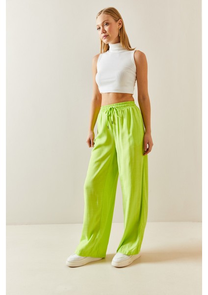 Neon Yeşili Bol Paça Keten Pantolon 3YXK5-46995-41 modelleri