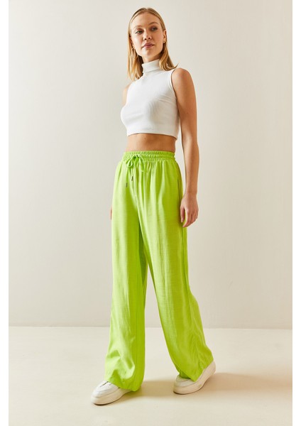 Neon Yeşili Bol Paça Keten Pantolon 3YXK5-46995-41 fırsatları