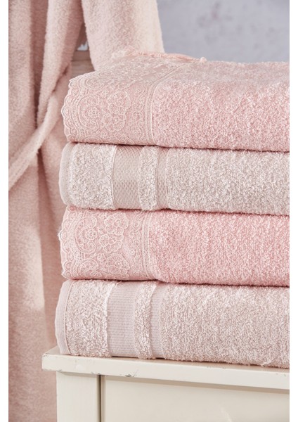 Family Dantelli Pembe & Kapuçino Aile Bornoz Seti 6 Parça Çeyizlik Kadın Erkek Banyo Havlu Takımı modelleri