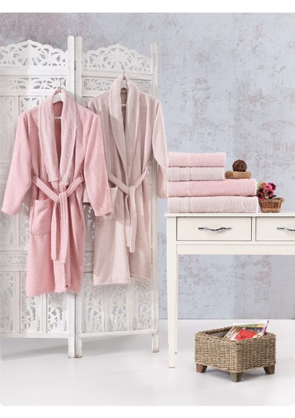Family Dantelli Pembe & Kapuçino Aile Bornoz Seti 6 Parça Çeyizlik Kadın Erkek Banyo Havlu Takımı fırsatları