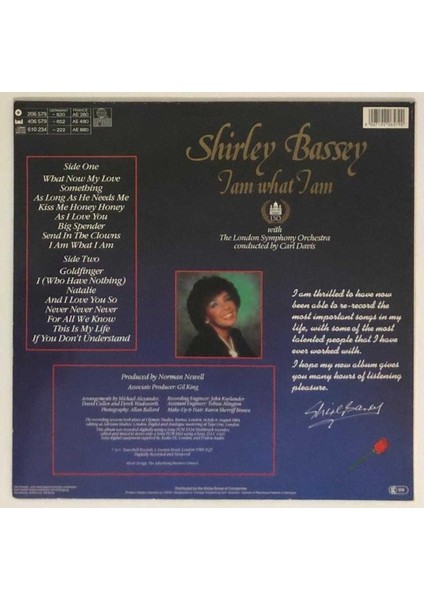 Shirley Bassey With The London Symphony Orchestra Conducted By Carl Davis I Am What I Am Lp Plak (Orjinal 1984 Alman Dönem Baskı)