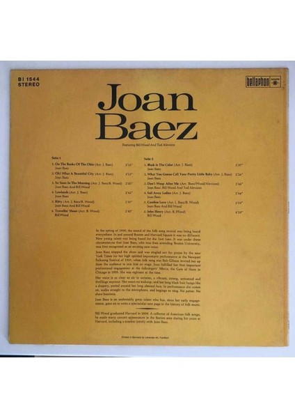 Bella's Farm Bellaphon Records Joan Baez Joan Baez Lp Plak (1972 Orjinal