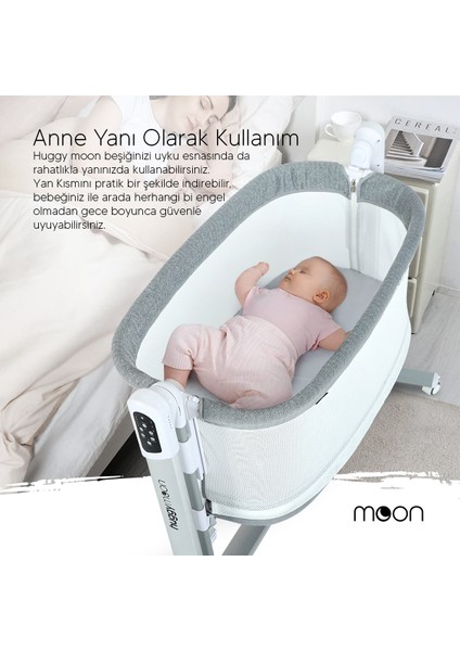 Moon Otomatik Sallanabilir Hareket Sensörlü Kumandalı Oyun Parkına Dönüşebilen Anne Yanı Elektrikli Beşik modelleri